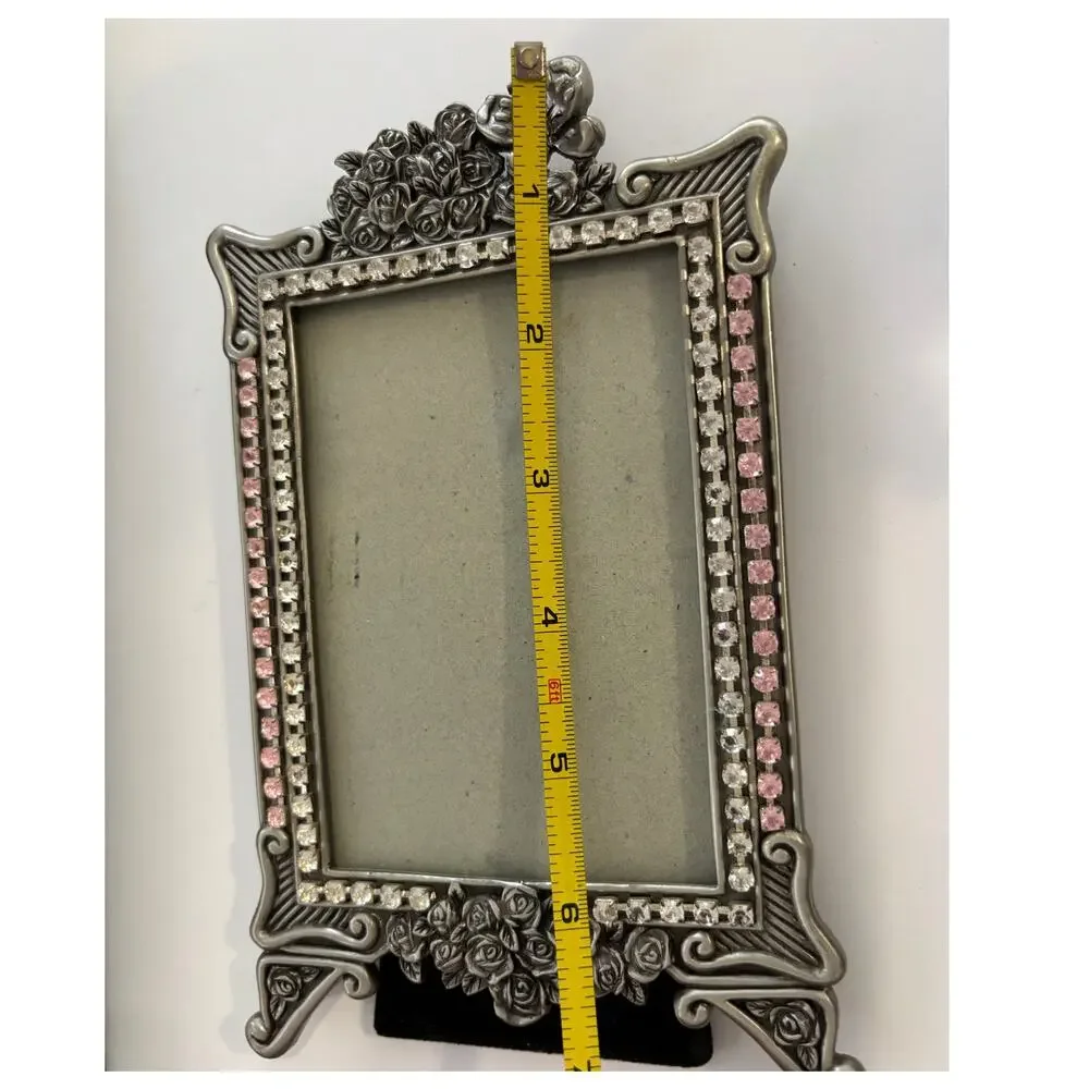 Silver Tone Pewter Photo Frame Floral Clear Pink Rhinestones